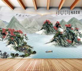 原创山水风景画鸿运当头背景墙