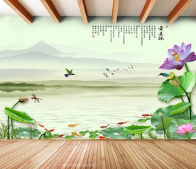 原创荷花鲤鱼爱莲说背景墙