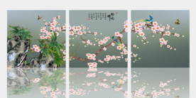 原创梅花竹子三连无框画装饰画