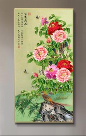 6原创玄关牡丹金鸡鸟装饰画壁画