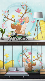 卡通手绘梅花鹿儿童房间背景墙