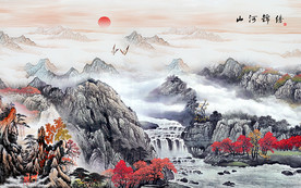 满山红国画电视背景墙