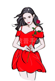 手绘美女 红裙美女