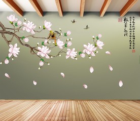 原创手绘玉兰花鸟装饰画背景墙