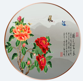 原创手绘牡丹国色天香圆型装饰画