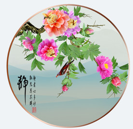 原创牡丹花鸟圆型装饰画壁画