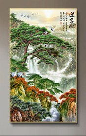 原创玄关迎客松山水风景画壁画