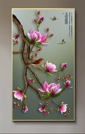 原创玄关玉兰花鸟玉堂富贵装饰画