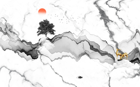 现代轻奢水墨大理石麋鹿山水背景