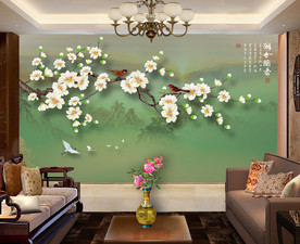 原创手绘玉兰花鸟装饰画背景墙