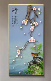 原创玄关手绘梅花花鸟竹子装饰画