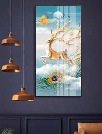 新中式麋鹿发财鹿玄关装饰画