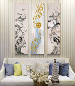 新中式水墨金箔年年有鱼花鸟三联