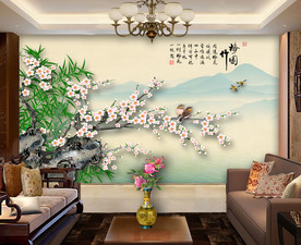 原创梅花竹子山水画背景墙
