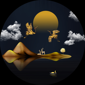 古典新中式国潮山水仙鹤装饰画