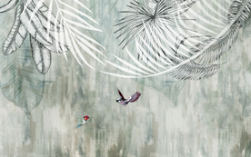 北欧简约抽象手绘树叶小鹿背景墙