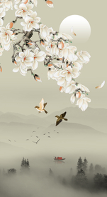 玉兰花鸟山水装饰画