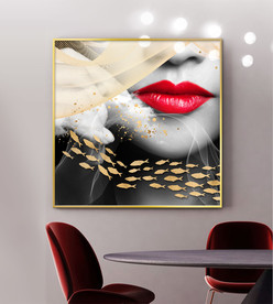 金色线条美女性感红唇黑白装饰画