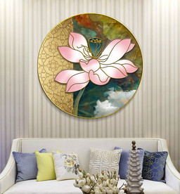新中式荷韵线条荷花圆形装饰画