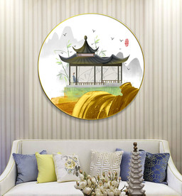 新中式古典建筑笔刷晶瓷装饰画