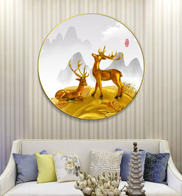 新中式金色笔刷麋鹿晶瓷装饰画