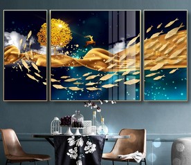 北欧轻奢麋鹿一群鱼三联装饰画