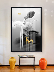 水墨花瓶麋鹿生财金箔装饰画