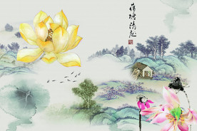 荷花山水背景墙画 TIF分层