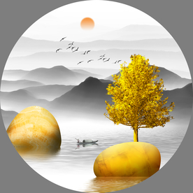 石来运转装饰画 发财树 水墨山