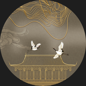 中国风古典金色建筑仙鹤装饰画