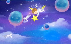 卡通星空童趣小男孩儿童房背景墙