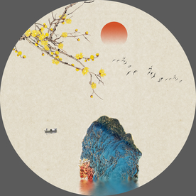 新中式银杏花鸟山水画