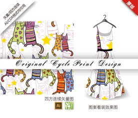 卡通线描猫咪四方连续