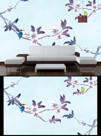 工笔画花朵电视背景墙