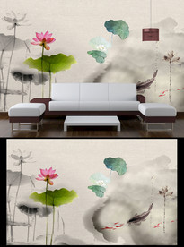水墨荷花电视背景墙