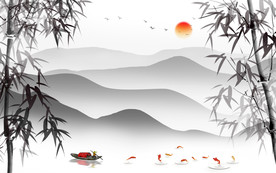 竹子山水画背景墙 TIF分层