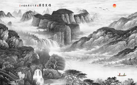灰色山水画背景墙 TIF分层