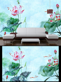 水墨荷花电视背景墙