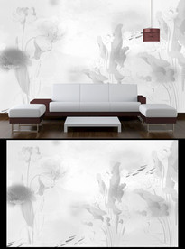 中式灰白荷花电视背景墙