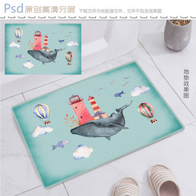 清新水彩鲸鱼灯塔地垫设计