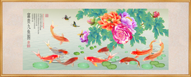 原创牡丹鲤鱼装饰画背景墙