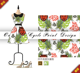 矢量老虎椰树树叶四方连续