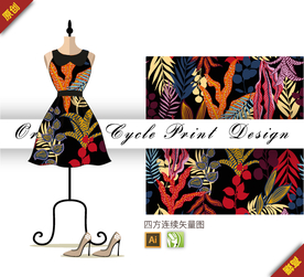 矢量树叶丛林四方连续