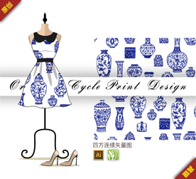 中国风青花瓷四方连续