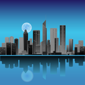 城市天际线建筑与月亮蓝色矢量图