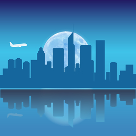 城市天际线建筑大月亮蓝色矢量图