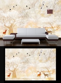 麋鹿山水电视背景墙