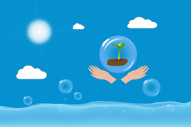 矢量图水阳光双手捧泡泡中的幼苗