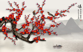 原创高清手绘梅花花鸟背景墙壁画