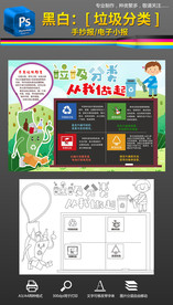 黑白线条涂色垃圾分类手抄报小报